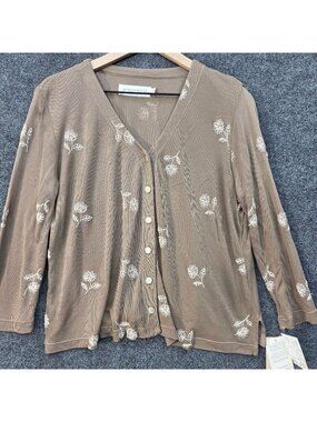 Vintage Floral Embroidered Cardigan L Brown USA Cottagecore Romantic Prairie